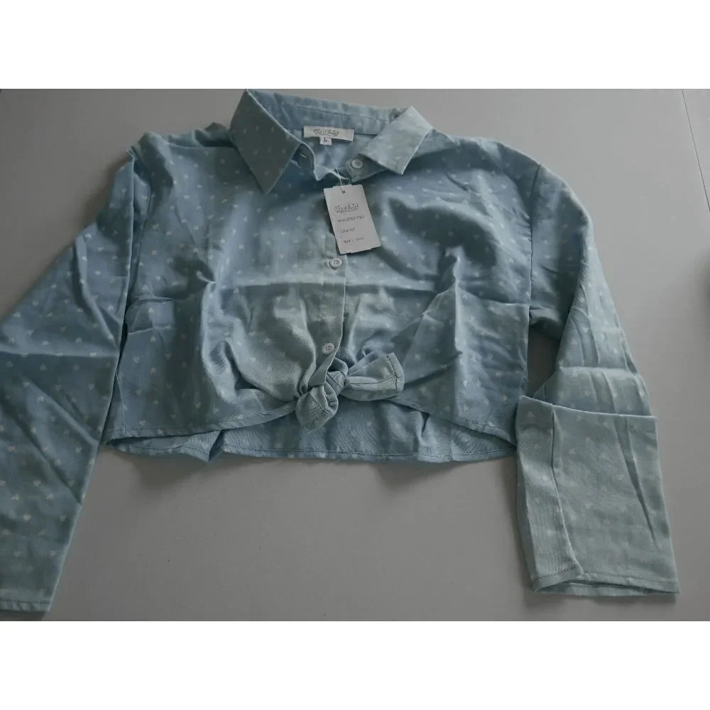 Blue & White Dot Tie-Front Button-Up & Denim Pants Set L (10/12)